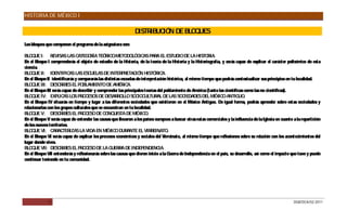 HISTORIA DE MÉXICO I

                                                                DIS IBUC
                                                                   TR   IÓN DE BLOQUES
Los bloques que componen el programa de la asignatura son:

B QUE I: R
  LO             EVIS LAS C
                      AS        ATEG R TEÓR O
                                      O ÍA       IC -METO LÓG AS P A EL ES
                                                            DO IC          AR          TUDIO DE LA HIS RTO IA.
E el Bloque I comprenderás el objeto de estudio de la Historia, de la teoría de la Historia y la Historiografía, y serás capaz de explicar el carácter polisémico de esta
  n
ciencia.
B QUE II: IDENTIFIC LAS ES UELAS DE INTER R
  LO                       AS         C                  P ETAC N HISTÓR A.
                                                                 IÓ           IC
E el Bloque II identificarás y compararás las distintas escuelas de interpretación histórica, al mismo tiempo que podrás contextualizar sus principios en tu localidad.
  n
B QUE III: DES R ES EL PO LAMIENTO DE AMÉR A.
  LO                C IB           B                      IC
E el Bloque III serás capaz de describir y comprender las principales teorías del poblamiento de América (tanto las científicas como las no científicas).
  n
B QUE IV: EXP AS LO PR C S DE DES R LLO S C C
  LO                LIC       S O ESO              AR O        O IO ULTUR DE LAS S C
                                                                             AL             O IEDADES DEL MÉXIC ANTIG .
                                                                                                                    O         UO
E el Bloque IV situarás en tiempo y lugar a las diferentes sociedades que existieron en el México Antiguo. De igual forma, podrás aprender sobre estas sociedades y
  n
relacionarlas con los grupos culturales que se encuentran en tu localidad.
B QUE V: DES R
  LO                C IBES EL P O ESO DE C
                                 RC             ONQUIS DE MÉXIC .
                                                        TA             O
E el Bloque V serás capaz de entender las causas que llevaron a los países europeos a buscar otras rutas comerciales y la influencia de la Iglesia en cuanto a la repartición
  n
de los nuevos territorios.
B QUE VI: C AC IZAS LA VIDA EN MÉXIC DUR
  LO             AR TER                              O      ANTE EL VIR EINATO
                                                                          R         .
E el Bloque VI serás capaz de explicar los procesos económicos y sociales del Virreinato, al mismo tiempo que reflexiones sobre su relación con los acontecimientos del
  n
lugar donde vives.
B QUE VII: DES R
  LO                C IBES EL P O ESO DE LA G R DE INDEP
                                 RC                UER A              ENDENC   IA.
E el Bloque VII entenderás y reflexionarás sobre las causas que dieron inicio a la G
  n                                                                                   uerra de Independencia en el país, su desarrollo, así como el impacto que tuvo y puede
continuar teniendo en tu comunidad.




              9                                                                                                                                              DGB/DCA/02-2011
 
