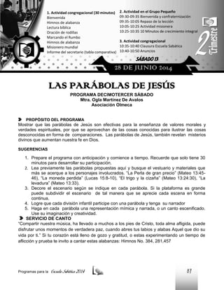 1. Actividad congregacional (30 minutos)
Bienvenida
Himnos de alabanza
Lectura bíblica
Oración de rodillas
Marcando el Rumbo
Himnos de alabanza
Misionero mundial
Informe del secretario (tabla comparativa)

2. Actividad en el Grupo Pequeño
09:30-09:35 Bienvenida y confraternización
09:35-10:05 Repaso de la lección
10:05-10:25 Actividad misionera
10:25-10:35 10 Minutos de crecimiento integral
3. Actividad congregacional
10:35-10:40 Clausura Escuela Sabática
10:40-10:50 Anuncios

SÁBADO 13

28 DE JUNIO 2014

LAS PARÁBOLAS DE JESÚS
PROGRAMA DECIMOTERCER SÁBADO
Mtra. Ogla Martínez De Avalos
Asociación Olmeca

PROPÓSITO DEL PROGRAMA

Mostrar que las parábolas de Jesús son efectivas para la enseñanza de valores morales y
verdades espirituales, por que se aprovechan de las cosas conocidas para ilustrar las cosas
desconocidas en forma de comparaciones. Las parábolas de Jesús, también revelan misterios
divinos que aumentan nuestra fe en Dios.
SUGERENCIAS

1. Prepare el programa con anticipación y comience a tiempo. Recuerde que solo tiene 30
minutos para desarrollar su participación.
2. Lea previamente las parábolas propuestas aquí y busque el vestuario y materiales que
más se acerque a los personajes involucrados. “La Perla de gran precio” (Mateo 13:4546), “La moneda perdida” (Lucas 15:8-10), “El trigo y la cizaña” (Mateo 13:24:30), “La
levadura” (Mateo 13:33).
3. Decore el escenario según se indique en cada parábola. Si la plataforma es grande
puede subdividir el escenario de tal manera que se aprecie cada escena en forma
continua.
4. Logre que cada división infantil participe con una parábola y tenga su narrador
5. Haga en cada parábola una representación mímica y narrada, o un canto escenificado.
Use su imaginación y creatividad.
SERVICIO DE CANTO
“Compartir nuestra música, ha llevado a muchos a los pies de Cristo, toda alma afligida, puede
disfrutar unos momentos de verdadera paz, cuando abres tus labios y alabas Aquel que dio su
vida por ti.” Si tu corazón está lleno de gozo y gratitud, o estas experimentando un tiempo de
aflicción y prueba te invito a cantar estas alabanzas: Himnos No. 384, 281,457

Programas para la

Escuela Sabática 2014

87

 
