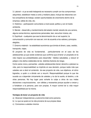 15
3. Laboral – si ya se está trabajando es necesario cumplir con los compromisos
adquiridos, establecer metas a corto y mediano plazo; incluye las relaciones con
los compañeros de trabajo; existen oportunidades de crecimiento dentro de la
empresa; cálida de vida, etc.
4. Histórica – participación comunitaria a nivel social, político y con el medio
ambiente.
5. Mental – desarrollo y mantenimiento del estado mental; estudio de una carrera,
alguna carrea técnica; aspiraciones personales, leer, escuchar música, etc.
6. Espiritual – cualquiera que sea la denominación de un ser superior, la
comunicación y comunión con ese ser; vivir de acuerdo a los valores y principios
elegidos.
7. Entorno material – la estabilidad económica que brinda el dinero, casa, vestido,
transporte, viajes.
El proyecto de vida es fundamental, particularmente en el caso de los
adolescentes ya que existe evidencia que confirma que el tener un propósito en la
vida mejora sus probabilidades para desarrollar hábitos saludables, y reducir el
peligro o los daños colaterales de los distintos factores de riesgo.
Como seres vivos y pensantes ustedes adolescentes tienen derecho a planear su
vida, pero la responsabilidad va implícita en esa decisión, porque nadie más que
ustedes van a decir el contenido de ese proyecto de vida, sus objetivos, el cómo
lograrlos, a quién o a dónde van a recurrir. Responsabilidad porque lo que les
suceda va a depender únicamente de ustedes y no de la suerte, el destino, o de
otras personas. No hay lugar para echarle la culpa a otros de sus malas
decisiones o equivocaciones, son válidas y necesarias porque ayudan a crecer y
a fortalecer a la persona, pero son propias. A mayor control de tu vida mayor
responsabilidad por la misma.
Ventajas de tener un proyecto de vida
a) Alcanzar independencia y autonomía total como persona.
b) Lo que se quiere en la vida proviene de sus propias ideas
c) Conocerse a ustedes mismos
 