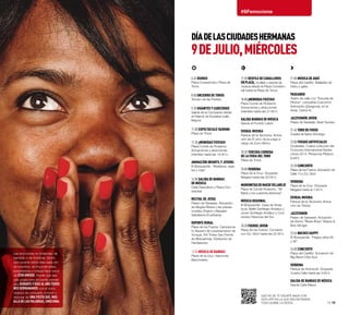 6:45 Dianas
Plaza Consistorial y Plaza de
Toros.
8:00 Encierro de Toros
Tercero de las Fiestas.
9:30 Gigantes y Cabezudos
Salida de la Comparsa desde
el Palacio de Ezpeleta (calle
Mayor).
11:00 Espectáculo taurino
Plaza de Toros.
11:30 ¡Menudas Fiestas!
Plaza Conde de Rodezno.
Actuaciones y atracciones
infantiles hasta las 14:00 h.
Animación infantil y juvenil
El Bosquecillo. “Abalorios, rega-
los y más”.
12:00 Salida de Bandas
de Música
Calle Descalzos y Plaza Con-
sistorial.
Recital de Jotas
Paseo de Sarasate. Actuación
de Alegría Ribera y las joteras
noveles Ohiane y Mayalen
Salvatierra (Fustiñana).
Deporte Rural
Plaza de los Fueros. Campeona-
to Navarro de Levantamiento de
Yunque. XVI Trofeo San Fermín
de Motosierras. Exhibición de
Harrijasotze.
13:00 Música de Bandas
Plaza de la Cruz. Harmonie
Bayonnaise.
Las emociones no entienden de
barreras ni de fronteras. Dicen
que durante estos días cada uno
de nosotros, sin importar edad,
procedencia o cultura hace cerca
de cien amigos. Puede que sea
una utopía pero es bonito pensar
que durante 9 días al año todos
nos hermanamos con el único
objetivo de compartir, convivir y
disfrutar de una fiesta que, más
allá de las palabras, emociona. 14·15
#SFemociona
17:30 Desfile de Caballeros
en Plaza, mulillas y banda de
música desde la Plaza Consisto-
rial hasta la Plaza de Toros.
18:00 ¡Menudas Fiestas!
Plaza Conde de Rodezno.
Actuaciones y atracciones
infantiles hasta las 21:00 h.
Salida Bandas de Música
Desde el Frontón Labrit.
Euskal Musika
Parque de la Taconera. Actua-
ción de El circo de la pulga a
cargo de Zurru Murru.
18:30 Tercera corrida
de la Feria del Toro
Plaza de Toros.
20:00 Verbena
Plaza de la Cruz. Orquesta
Niágara hasta las 22:00 h.
MarionetasdeMaeseVillarejo
Plaza de Conde Rodezno. “Alí
Babá y los cuarenta ladrones”.
Música Regional
El Bosquecillo. Casa de Anda-
lucía. Ballet Sortilegio Andaluz y
Joven Sortilegio Andaluz y Coro
rociero Herencia del Sur.
20:30 Fueros joven
Plaza de los Fueros. Concierto
con DJ. Göo! hasta las 22:30 h.
21:00 Música de Aquí
Plaza del Castillo. Bailables de
txistu y gaita.
Paseando
Teatro de calle con “Escuela de
Pilotos”, compañía Coscorrón
Animación (Zaragoza), en la
Avda. Carlos III.
Jazzfermín Joven
Paseo de Sarasate. Buen Suceso.
21:45 Toro de fuego
Cuesta de Santo Domingo.
23:00 Fuegos Artificiales
Ciudadela. Cuarta colección del
Concurso Internacional Sanfer-
mines 2014. Pirotecnia Pibierzo
(León).
23:30 Concierto
Plaza de los Fueros. Actuación de
Calle 13 y DJ. Göo!
Verbena
Plaza de la Cruz. Orquesta
Niágara hasta la 1:30 h.
Euskal Musika
Parque de la Taconera. Actua-
ción de Trikizio.
Jazzfermín
Paseo de Sarasate. Actuación
de Kenny “Blues Boss” Wayne &
Bob Stroger.
23:45 Noches Happy
El Bosquecillo. “Happy años 80
y 90”.
24:00 Concierto
Plaza del Castillo. Actuación de
Big Band Côte Sud.
Verbena
Parque de Antoniutti. Orquesta
Cuarta Calle hasta las 3:00 h.
Salida de Bandas de Música
Desde Calle Mayor.
díadelasciudadeshermanas
9dejulio,miércoles
Que no se te escape nada con
esta app en la que encontrarás
TODO sobre la fiesta.
 