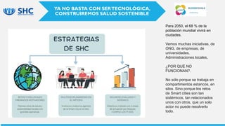 YA NO BASTA CON SERTECNOLÓGICA,
CONSTRUIREMOS SALUD SOSTENIBLE
Para 2050, el 68 % de la
población mundial vivirá en
ciudades.
Vemos muchas iniciativas, de
ONG, de empresas, de
universidades,
Administraciones locales,
¿POR QUÉ NO
FUNCIONAN?.
No sólo porque se trabaja en
compartimentos estancos, en
silos. Sino porque los retos
de Smart cities son tan
sistémicos, tan relacionados
unos con otros, que un solo
actor no puede resolverlo
todo.
 