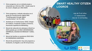 ❖ Único programa con un método propio y
amparado por informes ONU ‘simple ways to
be smart’, dirigido por UNU-EGOV.
❖ Único programa y método educativo en el
grupo de transformación digital ONU
“Enabling peple through digital
transformation” de ITU, ONU.
❖ Avalado por 11 instituciones: CRUE, Colegio
De médicos, Fundación Ciudad y Comercio,
Asociación española de Márketing…
❖ Récord de reducción de sobrepeso infantil en
2019 avalado por LA CRUE UNIVERSIDADES
ESPAÑOLAS, COLEGIO DE MÉDICOS Y U4SSC,
ONU.
❖ Récord de familias en pandemia CRUZ AZUL
DE EMERGENCIA SANITARIA.
❖ Récord de participación: hoy este programa y
fundación, ha llegado a casi 50 mil personas.
SMART HEALTHY CITIZEN
LOGROS
más de 9 mil niños
11 instituciones
más de 12 mil familias.
 
