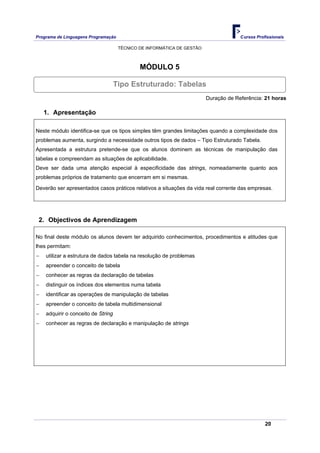Programa de Linguagens Programação                                                   Cursos Profissionais

                                     TÉCNICO DE INFORMÁTICA DE GESTÃO



                                             MÓDULO 5

                                    Tipo Estruturado: Tabelas
                                                                        Duração de Referência: 21 horas

    1. Apresentação

Neste módulo identifica-se que os tipos simples têm grandes limitações quando a complexidade dos
problemas aumenta, surgindo a necessidade outros tipos de dados – Tipo Estruturado Tabela.
Apresentada a estrutura pretende-se que os alunos dominem as técnicas de manipulação das
tabelas e compreendam as situações de aplicabilidade.
Deve ser dada uma atenção especial à especificidade das strings, nomeadamente quanto aos
problemas próprios de tratamento que encerram em si mesmas.

Deverão ser apresentados casos práticos relativos a situações da vida real corrente das empresas.




 2. Objectivos de Aprendizagem

No final deste módulo os alunos devem ter adquirido conhecimentos, procedimentos e atitudes que
lhes permitam:
−   utilizar a estrutura de dados tabela na resolução de problemas
−   apreender o conceito de tabela
−   conhecer as regras da declaração de tabelas
−   distinguir os índices dos elementos numa tabela
−   identificar as operações de manipulação de tabelas
−   apreender o conceito de tabela multidimensional
−   adquirir o conceito de String
−   conhecer as regras de declaração e manipulação de strings




                                                                                                20
 