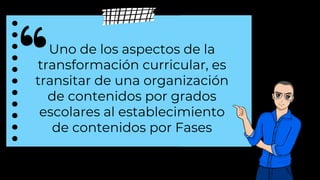 Uno de los aspectos de la
transformación curricular, es
transitar de una organización
de contenidos por grados
escolares al establecimiento
de contenidos por Fases
 