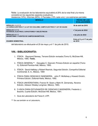 Nota: La evaluación de los laboratorios equivaldrá al 20% de la nota final y la misma
     consistirá en los siguientes aspectos evaluativos:
     Asistencia (10%), Informes (60%), 2 Parciales (15% cada uno). Los exámenes parciales
                                   MÓDULO                                       FECHA DE LAS
                                                                                EVALUACIONES
MÓDULOS # 1, 2 Y 3                                                           30 de abril de 2010
LA CARGA ELÉCTRICA Y LA LEY DE COULOMB, CAMPO ELÉCTRICO Y LEY DE GAUSS

MÓDULOS # 4 Y 5                                                              1° de junio de 2010
POTENCIAL ELECTRICO, CAPACITORES Y DIELÉCTRICOS

MÓDULOS # 6 Y 7                                                              2 de julio de 2010
MAGNETISMO Y FUENTES DE CAMPOS MAGNÉTICOS.

                                                                             Entre el 5 y el 17 de julio
EXAMEN SEMESTRAL                                                             de 2010

     del laboratorio se efectuarán el 20 de mayo y el 1° de julio de 2010.


     VIII.- BIBLIOGRAFÍA:
         1. FÍSICA: Raymond Serway, Tercera Edición revisada (Tomo II), McGraw-Hill,
            México, 1995, Texto.

         2. FÍSICA GENERAL**: Daouglas C. Giancoli, Primera Edición en español (Tomo
            II), Editorial Prentice-Hall, México, 1993.

         3. FÍSICA: David Halliday y Robert Resnick, Segunda Edición, Compañía Editorial
            Continental, S. A., México, 1994

         4. FÍSICA PARA CIENCIAS E INGENIERÍA: John P. McKelvey y Howard Grotch,
            Primera Edición, Editorial Harla, México, 1992.

         5. FÍSICA UNIVERSITARIA, Francis W. Sears y Mark W. Zemansky, Novena
            Edición, Adisson Wesley Longman, México, 1993.

         6. F+ISICA PARA ESTUDIANTES DE CIENCIAS E INGENIERÍA, Frederick J.
            Bueche, Cuarta Edición, McGraw-Hill, México, 1991.

         7. Guía de Laboratorio de Física II, UTP.

     ** Se usa también en el Laboratorio.




                                                                                              6
 