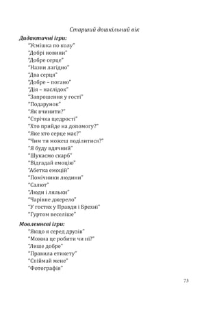 73
Старший дошкільний вік
Дидактичні ігри:
“Усмішка по колу”
“Добрі новини”
“Добре серце”
“Назви лагідно”
“Два серця”
“Добре – погано”
“Дія – наслідок”
“Запрошення у гості”
“Подарунок”
“Як вчинити?”
“Стрічка щедрості”
“Хто прийде на допомогу?”
“Яке хто серце має?”
“Чим ти можеш поділитися?”
“Я буду вдячний”
“Шукаємо скарб”
“Відгадай емоцію”
“Абетка емоцій”
“Помічники людини”
“Салют”
“Люди і ляльки”
“Чарівне джерело”
“У гостях у Правди і Брехні”
“Гуртом веселіше”
Мовленнєві ігри:
“Якщо я серед друзів”
“Можна це робити чи ні?”
“Лише добре”
“Правила етикету”
“Спіймай мене”
“Фотографія”
 
