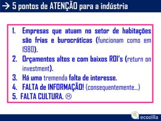  5 pontos de ATENÇÃO para a indústria
1. Empresas que atuam no setor de habitações
são frias e burocráticas (funcionam como em
1980).
2. Orçamentos altos e com baixos ROI’s (return on
investment).
3. Há uma tremenda falta de interesse.
4. FALTA de INFORMAÇÃO! (consequentemente...)
5. FALTA CULTURA. 
 