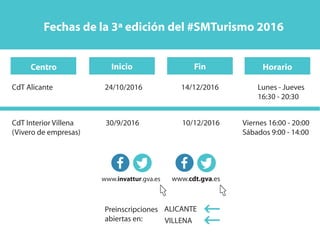 Fechas de la 3ª edición del #SMTurismo 2016
Centro Inicio Horario
CdT Alicante
CdT Interior Villena
(Vivero de empresas)
24/10/2016
30/9/2016
Lunes - Jueves
16:30 - 20:30
Viernes 16:00 - 20:00
Sábados 9:00 - 14:00
www.cdt.gva.es
Fin
14/12/2016
10/12/2016
www.invattur.gva.es
ALICANTE
VILLENA
Preinscripciones
abiertas en:
 