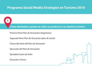 1
Cómo dinamizar y poner en valor un producto o un destino turístico
Primera Parte Plan de Actuación:diagnóstico
Segunda Parte Plan de Actuación:plan de acción
Claves del éxito del Plan de Actuación
Ejecución del Plan de Actuación
Ejemplos/casos de éxito
Duración:4 horas
Programa Social Media Strategist en Turismo 2016
 