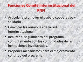 Funciones Comité Interinstitucional del PNFI  Articular y promover el trabajo cooperativo y solidario . Convocar las reuniones de la red interinstitucional.  Realizar el seguimiento del programa conjuntamente con las comunidades de las instituciones involucradas. Proponer mecanismos para el mejoramiento continuo del programa.  