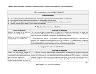 PROPUESTA DEL PLAN DE ESTUDIOS DE LA ASIGNATURA DE ESTUDIOS SOCIALES PARA III CICLO DE EDUCACIÓN GENERAL BÁSICA Y EDUCACIÓN DIVERSIFICADA
122
Educar para una nueva ciudadanía
9.1.1.- Las sociedades medievales (siglo VI al siglo XV)
Preguntas problema
1. ¿Qué factores propiciaron el declive del imperio romano y el surgimiento de la sociedad feudal en la Edad Media?
2. ¿Qué cambios afectaron la economía, la sociedad y la vida cotidiana de las personas?
3. ¿En qué forma se repartieron el poder los reyes, los señores feudales y la Iglesia Católica en la Europa medieval?
4. ¿Por qué se afirma que la idea de Europa surge en la Edad Media?
A. El declive del imperio romano de Occidente
Criterios de evaluación Situaciones de aprendizaje
Describir las causas de la caída del
imperio romano de Occidente.
- La o el docente hace una presentación en Power Point, Prezi u otro recurso; sobre las causas que
desencadenaron el fin del imperio romano de Occidente, con el propósito de orientar al estudiantado
sobre los procesos que llevaron al surgimiento de las sociedades feudales.
- Las y los estudiantes realizan, a través de textos o documentos suministrados por el o la docente, un
esquema en el cual explican los principales procesos que condujeron a la caída del imperio romano de
Occidente y al surgimiento de sociedades feudales en Europa. Los resultados son compartidos el resto
de la clase para observar similitudes y diferencias en la información desarrollada
Explicar los factores que propiciaron el
surgimiento de la sociedad feudal.
B. La organización de las sociedades feudales
Criterios de evaluación Situaciones de aprendizaje
Explicar las características sociales y
económicas de la sociedad feudal en el
continente europeo y los impactos en la
vida cotidiana de la población.
- La o el docente suministra al estudiantado una lectura sobre las características sociales, económicas y
de la vida cotidiana de las sociedades feudales europeas. Luego, en sub-grupos las y los estudiantes
realizan un sociodrama, con base en los principales rasgos que identifican que caracterizan a la sociedad
medieval. Posterior a cada presentación, los grupos describen el motivo por el cual seleccionaron un
tema en específico y porque lo consideraron relevante para ejemplificar a la sociedad medieval.Reconocer la manifestación de poder
de los señores feudales, así como la
 