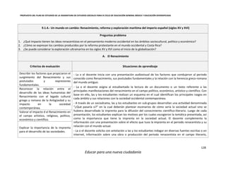 PROPUESTA DEL PLAN DE ESTUDIOS DE LA ASIGNATURA DE ESTUDIOS SOCIALES PARA III CICLO DE EDUCACIÓN GENERAL BÁSICA Y EDUCACIÓN DIVERSIFICADA
128
Educar para una nueva ciudadanía
9.1.4.- Un mundo en cambio: Renacimiento, reforma y exploración marítima del imperio español (siglos XV y XVI)
Preguntas problema
1. ¿Qué impacto tienen las ideas renacentistas en el pensamiento moderno occidental en los ámbitos sociocultural, político y económico?
2. ¿Cómo se expresan los cambios producidos por la reforma protestante en el mundo occidental y Costa Rica?
3. ¿Se puede considerar la exploración ultramarina en los siglos XV y XVI como el inicio de la globalización?
A. El Renacimiento
Criterios de evaluación Situaciones de aprendizaje
Describir los factores que propiciaron el
surgimiento del Renacimiento y sus
postulados y expresiones
fundamentales.
- La o el docente inicia con una presentación audiovisual de los factores que condujeron al periodo
conocido como Renacimiento, sus postulados fundamentales y la relación con la herencia greco-romana
del mundo antiguo.
- La o el docente asigna al estudiantado la lectura de un documento o un texto referente a las
principales manifestaciones del renacimiento en el campo político, económico, artístico y científico. Con
base en ello, las y los estudiantes realizan un esquema en el cual identifican los principales rasgos en
cada ámbito y sus relaciones con la sociedad occidental contemporánea.
- A través de un sociodrama, las y los estudiantes en sub-grupos desarrollan una actividad denominada
“¿Qué pasaría si?” en la cual deberán plantear escenarios de cómo sería la sociedad actual sino se
hubiera desarrollado la imprenta para la difusión del conocimiento científico-literario. Luego de cada
presentación, los estudiantes explican los motivos por los cuales escogieron la temática presentada, así
como la importancia que tiene la imprenta en la sociedad actual. El docente complementa la
información con una presentación sobre el efecto que tuvo la imprenta en el periodo renacentista y su
relación con el mundo actual.
- La o el docente solicita con antelación a las y los estudiantes indagar en diversas fuentes escritas o en
internet, información sobre una obra o producción del periodo renacentista en el campo literario,
Reconocer la relación entre el
desarrollo de las ideas humanistas del
Renacimiento con el legado cultural
griego y romano de la Antigüedad y su
impacto en la sociedad
contemporánea.
Valorar el impacto d el Renacimiento en
el campo artístico, religioso, político,
económico y científico.
Explicar la importancia de la imprenta
para el desarrollo de las sociedades.
 