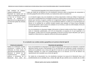 PROPUESTA DEL PLAN DE ESTUDIOS DE LA ASIGNATURA DE ESTUDIOS SOCIALES PARA III CICLO DE EDUCACIÓN GENERAL BÁSICA Y EDUCACIÓN DIVERSIFICADA
161
Educar para una nueva ciudadanía
vida cotidiana de soldados,
mujeres y población civil.
- Posicionamiento geográfico de las alianzas de países en conflicto.
Luego, por medio de una plenaria, las y los estudiantes conversan sobre la importancia de comprender la
naturaleza geográfica del conflicto armado y sus implicaciones sobre la sociedad civil.
- La o el docente asigna a las y los estudiantes un artículo, documento o relato que refleje el impacto que
tuvo sobre la cotidianidad de las sociedades europeas el conflicto bélico (rompimiento de lazos familiares,
jóvenes que marchan a la guerra, cambios en la organización laboral, incorporación de las mujeres a la
producción y a la guerra, entre otros). Las y los estudiantes elaboran un afiche en el cual demuestran los
efectos en la sociedad de un conflicto armado (usando como ejemplo la Primera Guerra Mundial),
comentando también sobre la vida de los soldados en las trincheras y sobre las enfermedades, formas de
curación, epidemias y crisis sanitarias.
- Las y los estudiantes en sub-grupos indagan información en diversos medios escritos físicos o digitales, así
como en materiales audiovisuales, con el fin de desarrollar un esquema en el cual responden a la
interrogante: ¿Cuáles fueron las acciones planteadas al final de la Primera Guerra Mundial y por qué no
impidieron el desarrollo de un segundo conflicto de dimensiones globales?
Reconocer las razones por las
cuales las propuestas planteadas
al final de la Primera Guerra
Mundial no impidieron el
desarrollo de una segunda guerra
de dimensión global dos décadas
después.
B. La revolución rusa: cambios sociales y geopolíticos en la primera mitad del siglo XX
Criterios de evaluación Situaciones de aprendizaje
Explicar las condiciones sociales,
económicas y políticas de los
habitantes en Rusia previo al
desarrollo de la Revolución Rusa.
- A las y los estudiantes en sub-grupos se les asigna la búsqueda de información con antelación, a través de
diferentes fuentes escritas y documentales en la cual describen las condiciones sociales, económicas y
políticas de la población rusa a inicios del siglo XX. A través de un cartel de presentación, presentan los
hallazgos realizados, los cuales son complementados por la o el docente, con el fin de obtener una
representación de la sociedad rusa a inicios del siglo XX.
- Por medio de un documental, las y los estudiantes reconocen las causas de la Revolución Rusa y las
transformaciones de la sociedad rusa a inicios del siglo XX que culminó con la creación de la Unión
Reconoce el alcance de las
transformaciones sociales,
políticas y económicas de la
Revolución Rusa sobre los
 