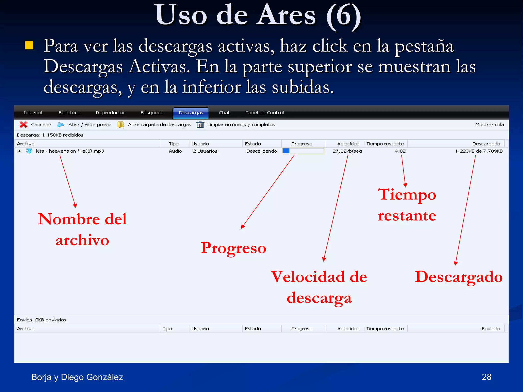 Uso de Ares (6) Para ver las descargas activas, haz click en la pestaña Descargas Activas. En la parte superior se muestran las descargas, y en la inferior las subidas. Nombre del archivo Progreso Velocidad de descarga Tiempo restante Descargado 