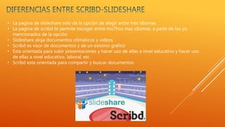 • La pagina de slideshare solo da la opción de elegir entre tres idiomas.
• La pagina de scribd te permite escoger entre mu7hos mas idiomas, a parte de los ya
mencionados de la opción.
• Slideshare aloja documentos ofimáticos y videos
• Scribd es visor de documentos y de un estomo grafico
• Esta orientada para subir presentaciones y hacer uso de ellas a nivel educativo y hacer uso
de ellas a nivel educativo, laboral, etc.
• Scribd esta orientada para compartir y buscar documentos
 