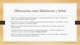 Diferencias entre Slideboom y Sribd
• Scribd es una plataforma para almacenar y compartir documentos en la red. Además de
subir archivos DOC, PDF, TXT, PPT
• Sribd permite a los usuarios publicar archivos de diversos formatos e incrustarlos en una
página web utilizando su formato iPaper.
• Slideboom permite almacenar presentaciones en línea con formato ppt y pptx para
presentaciones
• A Scribd podemos subir documentos desde Google Docs. y también crearlos en el
momento ya que cuenta con la opción "ingresar texto".
• Todos los archivos podemos compartirlos en internet a través de su URL o embeberlos,
además de poder descargarlos e imprimirlos.
 