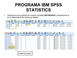 PROGRAMA IBM SPSS
STATISTICS
• Introducimos los nombres de nuestras variables SIN ESPACIO y directamente se
van a rellanando la fila entera por defecto.
Variable sin espacio
 