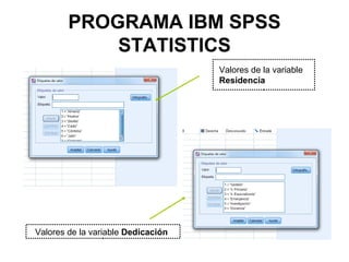 PROGRAMA IBM SPSS
STATISTICS
Valores de la variable Dedicación
Valores de la variable
Residencia
 