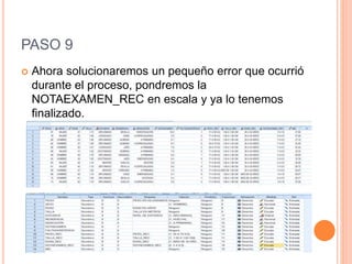 PASO 9
 Ahora solucionaremos un pequeño error que ocurrió
durante el proceso, pondremos la
NOTAEXAMEN_REC en escala y ya lo tenemos
finalizado.
 