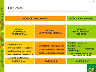 Estructura: MÒDULS  DE FORMACIÓ PROFESSIONAL  MÒDULS OBLIGATORIS MÒDULS VOLUNTARIS MÒDULS  DE FORMACIÓ GENERAL MÒDULS  PER A L’OBTENCIÓ  DEL GESO  Competències professionals referides a  qualificacions de nivell 1 per inserció laboral o formació professional Competències bàsiques per: la transició al món laboral o per la continuació educativa Àmbit comunicació Àmbit social Àmbit científico- tecnològic (Aspectes bàsics del currículum de l’ESO) MÒDULS A MÒDULS B MÒDULS C 
