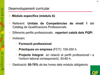 Desenvolupament curricular Mòduls específics (mòduls A) Referent:  Unitats de Competències   de nivell 1  del Catàleg de Qualificacions Professionals  Diferents perfils professionals :  repertori català dels PQPI Inclouen : Formació professional Pràctiques en empresa  (FCT): 150-250 h.  Projecte Integrat   en relació al perfil professional i a l’entorn laboral corresponent): 30-60 h.  Dedicació : 50-70%  de les hores dels mòduls obligatoris   