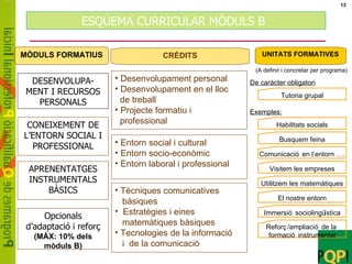 ESQUEMA CURRICULAR MÒDULS B   MÒDULS FORMATIUS CONEIXEMENT DE L’ENTORN SOCIAL I PROFESSIONAL APRENENTATGES INSTRUMENTALS BÀSICS CRÈDITS Desenvolupament personal  Desenvolupament en el lloc  de treball Projecte formatiu i  professional Entorn social i cultural Entorn socio-econòmic Entorn laboral i professional Tècniques comunicatives  bàsiques Estratègies i eines  matemàtiques bàsiques  Tecnologies de la informació  i  de la comunicació UNITATS FORMATIVES De caràcter obligatori Tutoria grupal Exemples: Habilitats socials Busquem feina El nostre entorn Utilitzem les matemàtiques Comunicació en l’entorn …. Visitem les empreses Immersió sociolingüística Reforç/ampliació de la  formació instrumental Opcionals d’adaptació i reforç (MÁX: 10% dels mòduls B) (A definir i concretar per programa) DESENVOLUPA-MENT I RECURSOS PERSONALS 