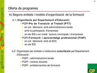 Oferta de programes b) Segons entitats i models d’organització de la formació b.1-  Organitzats pel Departament d’Educació: PQPI- Pla de Transició al Treball (PTT) en col·laboració amb administracions locals amb la participació d’empreses en els IES o en instal·lacions municipals i d’empreses PQPI- Formació i aprenentatge professional (FIAP) en col·laboració amb el SOC en els IES b.2- Organitzats per entitats o institucions  autoritzats  pel Departament  d’Educació: PQPI - administracions locals PQPI - centres docents PQPI - entitats/centres de formació 