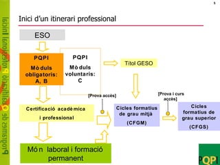 Inici d’un itinerari professional PQPI Mòduls voluntaris: C ESO PQPI Mòduls obligatoris: A, B Certificació acadèmica  i professional Món  laboral i formació permanent [Prova accès] Títol GESO Cicles formatius de grau mitjà  (CFGM) Cicles formatius de grau superior (CFGS) [Prova i curs accès] 