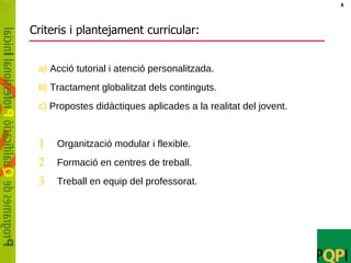 Criteris i plantejament curricular: a)  Acció tutorial i atenció personalitzada. b)  Tractament globalitzat dels continguts.  c)  Propostes didàctiques aplicades a la realitat del jovent. Organització modular i flexible. Formació en centres de treball. Treball en equip del professorat. 