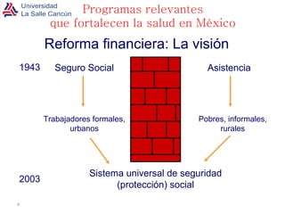 Reforma financiera: La visión Seguro Social Trabajadores formales, urbanos Asistencia Sistema universal de seguridad (protección) social 2003 Pobres, informales, rurales 1943 Programas relevantes que fortalecen la salud en México 