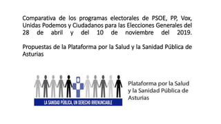 Comparativa de los programas electorales de PSOE, PP, Vox,
Unidas Podemos y Ciudadanos para las Elecciones Generales del
28 de abril y del 10 de noviembre del 2019.
Propuestas de la Plataforma por la Salud y la Sanidad Pública de
Asturias
 