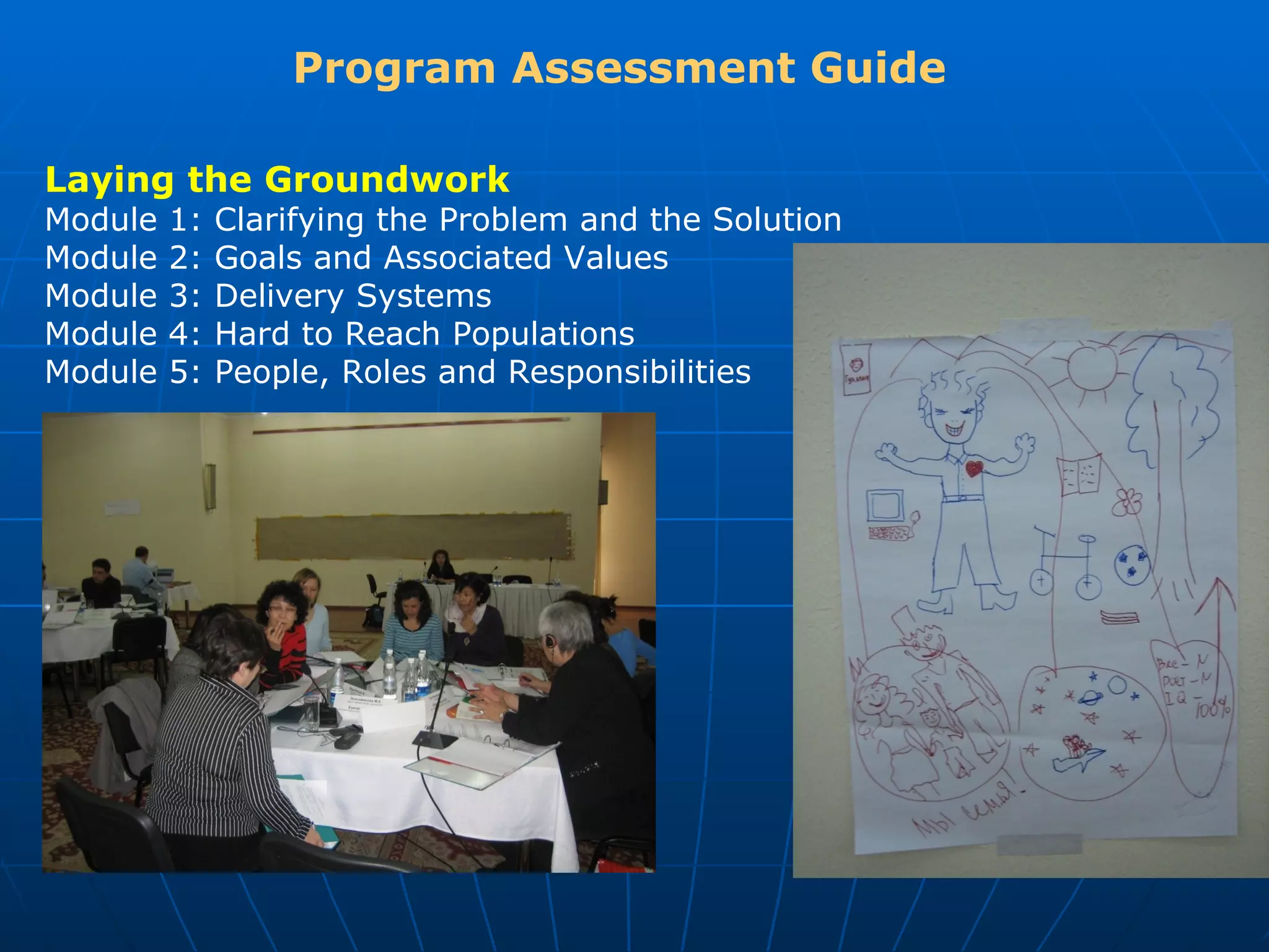 Program Assessment Guide

Laying the Groundwork
Module   1:   Clarifying the Problem and the Solution
Module   2:   Goals and Associated Values
Module   3:   Delivery Systems
Module   4:   Hard to Reach Populations
Module   5:   People, Roles and Responsibilities
 