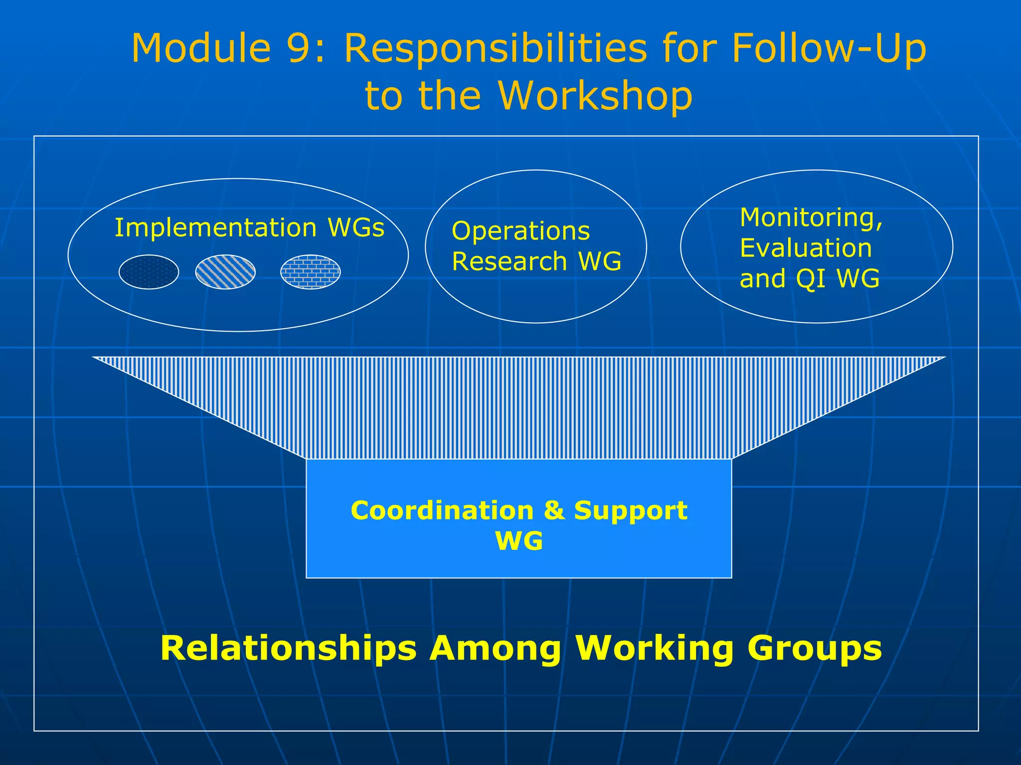 Module 9: Responsibilities for Follow-Up
            to the Workshop


Implementation WGs                      Monitoring,
                     Operations
                                        Evaluation
                     Research WG
                                        and QI WG




               Coordination & Support
                        WG



  Relationships Among Working Groups
 