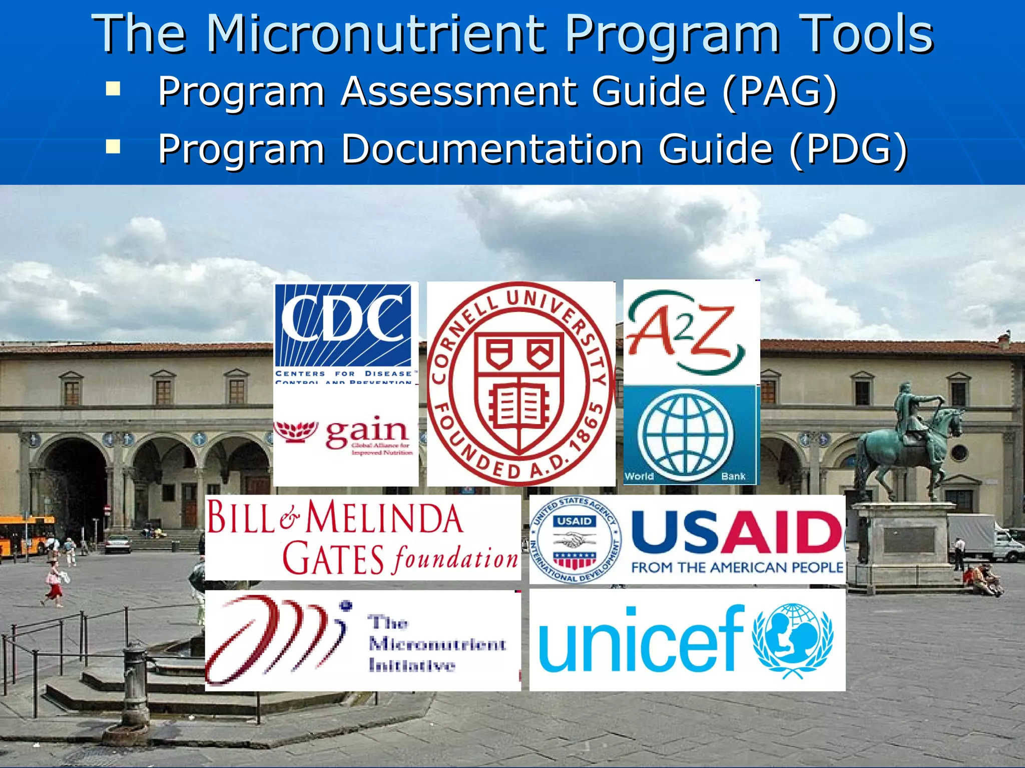 The Micronutrient Program Tools
   Program Assessment Guide (PAG)
   Program Documentation Guide (PDG)
 