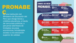 PRONABE
C
Es una institución del
Ministerio de Educación del
Perú que otorga becas y
créditos educativos, a través
de concursos públicos, a
peruanos talentosos de
limitados recursos
económicos, brindándole
acceso a una educación
superior de calidad.
 