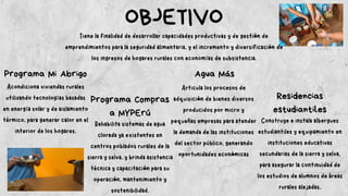 OBJETIVO
Tiene la finalidad de desarrollar capacidades productivas y de gestión de
emprendimientos para la seguridad alimentaria, y el incremento y diversificación de
los ingresos de hogares rurales con economías de subsistencia.
Programa Mi Abrigo Agua Más
Programa Compras
a MYPErú
Residencias
estudiantiles
Acondiciona viviendas rurales
utilizando tecnologías basadas
en energía solar y de aislamiento
térmico, para generar calor en el
interior de los hogares.
Construye e instala albergues
estudiantiles y equipamiento en
instituciones educativas
secundarias de la sierra y selva,
para asegurar la continuidad de
los estudios de alumnos de áreas
rurales alejadas,
Articula los procesos de
adquisición de bienes diversos
producidos por micro y
pequeñas empresas para atender
la demanda de las instituciones
del sector público, generando
oportunidades económicas
Rehabilita sistemas de agua
clorada ya existentes en
centros poblados rurales de la
sierra y selva, y brinda asistencia
técnica y capacitación para su
operación, mantenimiento y
sostenibilidad.
 