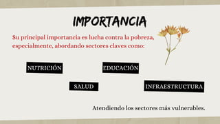 Su principal importancia es lucha contra la pobreza,
especialmente, abordando sectores claves como:
IMPORTANCIA
NUTRICIÓN
SALUD
EDUCACIÓN
INFRAESTRUCTURA
Atendiendo los sectores más vulnerables.
 