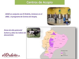AGSO en conjunto con El Ordeño, iniciaron en el
2003, el programa de Centros de Acopio,
Zonas de alto potencial
lechero y altos los índices de
desnutrición
 