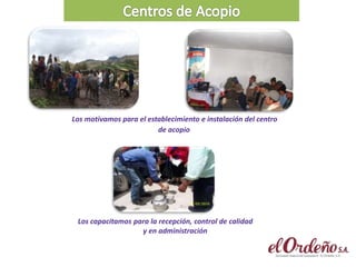 Los motivamos para el establecimiento e instalación del centro
de acopio
Los capacitamos para la recepción, control de calidad
y en administración
 