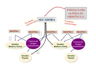 SECADORA
INDUSTRIA 3INDUSTRIA 2INDUSTRIA 1 INDUSTRIA 4 INDUSTRIA 5
Ganadero
Mediano y Grande
Piquero Ganadero
Mediano y Grande
Piquero
Ganadero
Pequeño
Ganadero
Pequeño
Fabrica Leche
en Polvo EL
ORDEÑO S.A.
Centros de
Acopio
Comunitario
Centros de
Acopio
Comunitario
 