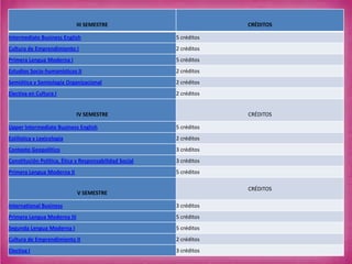III SEMESTRE CRÉDITOS
Intermediate Business English 5 créditos
Cultura de Emprendimiento I 2 créditos
Primera Lengua Moderna I 5 créditos
Estudios Socio-humanísticos II 2 créditos
Semiótica y Semiología Organizacional 2 créditos
Electiva en Cultura I 2 créditos
IV SEMESTRE CRÉDITOS
Upper Intermediate Business English 5 créditos
Estilística y Lexicología 2 créditos
Contexto Geopolítico 3 créditos
Constitución Política, Ética y Responsabilidad Social 3 créditos
Primera Lengua Moderna II 5 créditos
V SEMESTRE
CRÉDITOS
International Business 3 créditos
Primera Lengua Moderna III 5 créditos
Segunda Lengua Moderna I 5 créditos
Cultura de Emprendimiento II 2 créditos
Electiva I 3 créditos
 