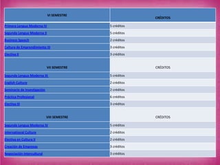 VI SEMESTRE
CRÉDITOS
Primera Lengua Moderna IV 5 créditos
Segunda Lengua Moderna II 5 créditos
Business Speech 2 créditos
Cultura de Emprendimiento III 3 créditos
Electiva II 3 créditos
VII SEMESTRE CRÉDITOS
Segunda Lengua Moderna III 5 créditos
English Culture 2 créditos
Seminario de Investigación 2 créditos
Práctica Profesional 6 créditos
Electiva III 3 créditos
VIII SEMESTRE CRÉDITOS
Segunda Lengua Moderna IV 5 créditos
International Culture 2 créditos
Electiva en Cultura II 2 créditos
Creación de Empresas 3 créditos
Negociación Intercultural 3 créditos
 