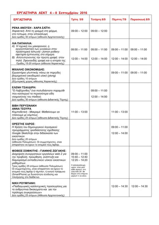 Σημειώνουμε ότι οι εισηγητές δεν αμείβονται και η συμβολική τιμή συμμετοχής
στα εργαστήρια είναι για τα υλικά και την ενίσχυση της Ένωσης.
ΕΡΓΑΣΤΗΡΙΑ ΑΣΚΤ 4 – 8 Σεπτεμβρίου 2016
 