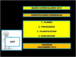 BASES CURRICULARES 2013


      ORIENTACIONES GENERALES


             1. PLANES

           2. PROGRAMAS

          3. PLANIFICACION

           4. EVALUACION


UTP
             PIRAMIDE
          NOVIEMBRE 2013
 