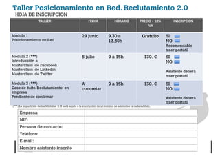 TALLLER   FECHA   HORARIO   PRECIO + 18%   INSCRIPCION
                                IVA
 