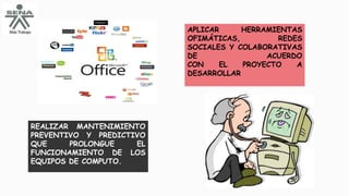 APLICAR HERRAMIENTAS
OFIMÁTICAS, REDES
SOCIALES Y COLABORATIVAS
DE ACUERDO
CON EL PROYECTO A
DESARROLLAR
REALIZAR MANTENIMIENTO
PREVENTIVO Y PREDICTIVO
QUE PROLONGUE EL
FUNCIONAMIENTO DE LOS
EQUIPOS DE COMPUTO.
 