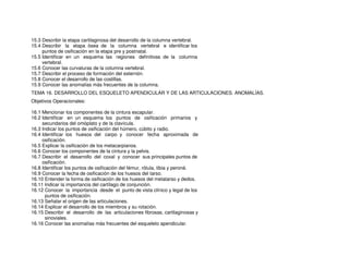 15.3 Describir la etapa cartilaginosa del desarrollo de la columna vertebral.
15.4 Describir la etapa ósea de la columna vertebral e identificar los
puntos de osificación en la etapa pre y postnatal.
15.5 Identificar en un esquema las regiones definitivas de la columna
vertebral.
15.6 Conocer las curvaturas de la columna vertebral.
15.7 Describir el proceso de formación del esternón.
15.8 Conocer el desarrollo de las costillas.
15.9 Conocer las anomalías más frecuentes de la columna.
TEMA 16. DESARROLLO DEL ESQUELETO APENDICULAR Y DE LAS ARTICULACIONES. ANOMALÍAS.
Objetivos Operacionales:
16.1 Mencionar los componentes de la cintura escapular.
16.2 Identificar en un esquema los puntos de osificación primarios y
secundarios del omóplato y de la clavícula.
16.3 Indicar los puntos de osificación del húmero, cúbito y radio.
16.4 Identificar los huesos del carpo y conocer fecha aproximada de
osificación.
16.5 Explicar la osificación de los metacarpianos.
16.6 Conocer los componentes de la cintura y la pelvis.
16.7 Describir el desarrollo del coxal y conocer sus principales puntos de
osificación.
16.8 Identificar los puntos de osificación del fémur, rótula, tibia y peroné.
16.9 Conocer la fecha de osificación de los huesos del tarso.
16.10 Entender la forma de osificación de los huesos del metatarso y dedos.
16.11 Indicar la importancia del cartílago de conjunción.
16.12 Conocer la importancia desde el punto de vista clínico y legal de los
puntos de osificación.
16.13 Señalar el origen de las articulaciones.
16.14 Explicar el desarrollo de los miembros y su rotación.
16.15 Describir el desarrollo de las articulaciones fibrosas, cartilaginosas y
sinoviales.
16.16 Conocer las anomalías más frecuentes del esqueleto apendicular.
 