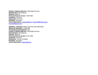 Unidad o Cátedra Adscrita: Embriología Humana
Departamento: Morfológicas
Escuela: Medicina
Fecha de Inicio en la ULA: 15/05/1994
Condición: Ordinario
Dedicación: Exclusiva
Escalafón: Asociado
Correo Electrónico: kcardena@ula.ve, boliver38@hotmail.com,
boliver38@gmail.com
Apellidos y Nombres: Molina Caminos Diana Mercedes
Cédula de Identidad: V-5.656.330
Porcentaje de participación: 50%
Unidad o Cátedra Adscrita: Embriología Humana
Departamento: Morfológicas
Escuela: Medicina
Fecha de Inicio en la ULA: 01/01/1998
Condición: Ordinario
Dedicación: Tiempo Completo
Escalafón: Agregado
Correo Electrónico: dianam@ula.ve
 