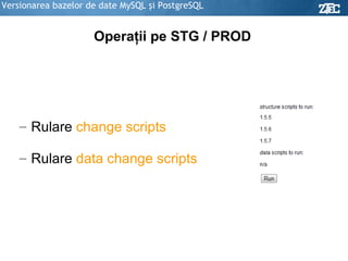 Versionarea bazelor de date MySQL şi PostgreSQL Operaţii pe STG / PROD Rulare  change scripts Rulare  data change scripts 