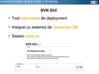 Versionarea bazelor de date MySQL şi PostgreSQL SVN GUI Tool  web based  de deployment Integrat cu sistemul de  versionare DB Sistem  hook-uri 